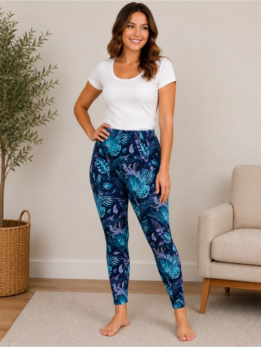 Just Cozy Tropical Print Leggings – Women’s XS/S –Blue Floral Pattern
